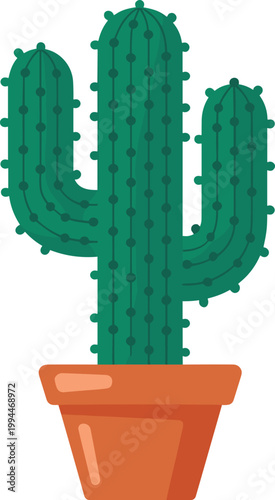 Vibrant Green Saguaro Cactus in Terracotta Pot, Isolated on White Background: Desert Flora Icon for Nature, Travel, and Sustainable Living Concepts, Minimalist Flat Vector Art, Organic Growth, Healthy