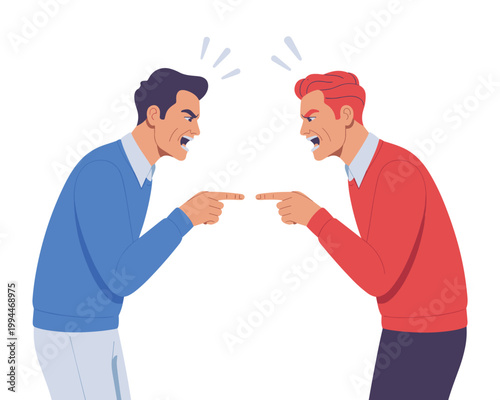 Two angry men in a heated argument, pointing fingers accusingly at each other with furious expressions, symbolizing conflict and disagreement in a business or personal relationship, depicted in a clea