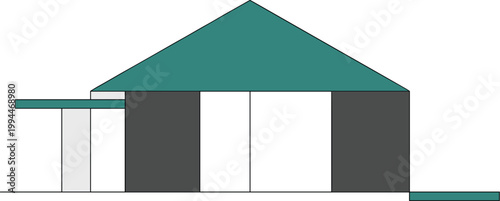Minimalist Modern House Facade Illustration: Geometric Architectural Design with Teal Roof and Dark Gray Walls, Featuring White Rectangular Windows and a Covered Porch Area, Ideal for Real Estate, Con