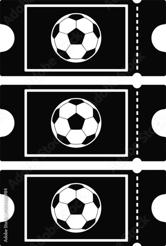 Set of three black and white ticket stubs featuring a classic soccer ball icon, perfect for sports event invitations, team spirit branding, fan club promotions, or game day announcements, representing