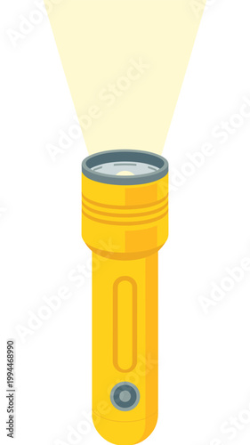 Bright Yellow Flashlight Illuminating Dark Scene with Focused Beam of Light, Symbolizing Hope, Discovery, and Safety; Ideal for Emergency Preparedness, Outdoor Activities, and Technical Work; Clean Ve