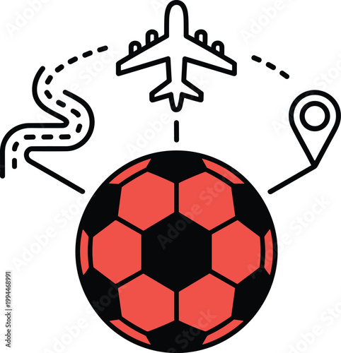 Dynamic Soccer Journey: An exciting flat icon illustrates a vibrant soccer ball at the center, symbolizing sport and competition, with travel elements like an airplane, winding road, and location pin