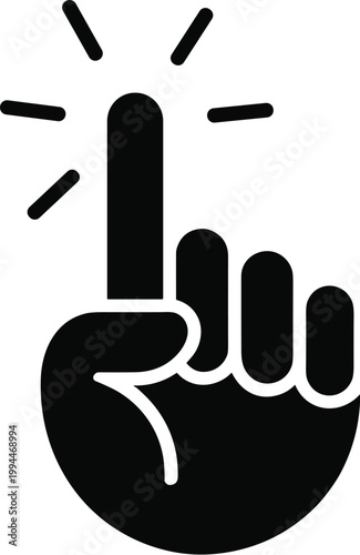 Single Black Silhouette Finger Pointing Up with Sparkle Effect, Icon representing Selection, Decision, or Notification with a Clean White Background, Ideal for Digital User Interface, Web Design, App