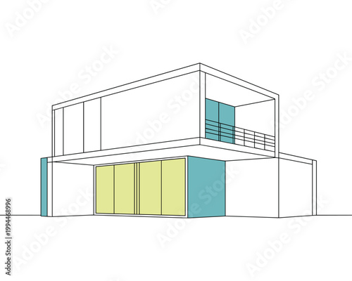 Modern Minimalist Cubic House Architectural Blueprint Design: Clean Exterior Lines, Sleek Facade with Geometric Shapes, Balanced Composition, Two-Story Residence, Expansive Glass Doors, Balcony Railin