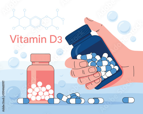 Close-up of a hand holding a blue bottle of vitamin D3 capsules, surrounded by other vitamin D3 pills and a pink bottle, with a chemical structure of vitamin D3 and "Vitamin D3" text in the background