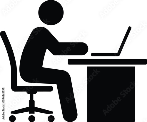 Simple Strokeman Sitting at Office Desk Working on Laptop Computer, Concept of Remote Work, Online Business, Studying, Technology Use, Concentration, Productivity, Digital Nomad Life, Modern Office Sp
