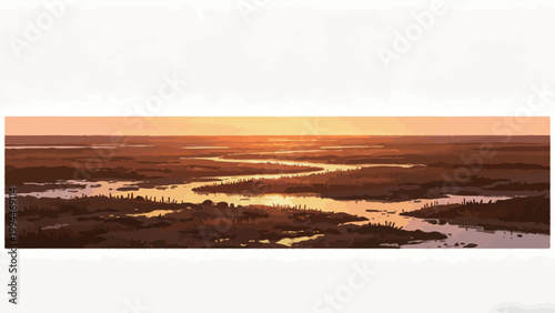 Warm Golden Sunset Over a Winding Tidal Wetland Estuary, Textured Digital Landscape Art With Warm Amber and Earthy Tones