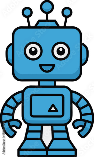 Adorable cartoon blue robot character standing center frame, looking friendly and approachable with wide eyes and a smile.  This cute, stylized robot evokes feelings of innovation, technology, and fut