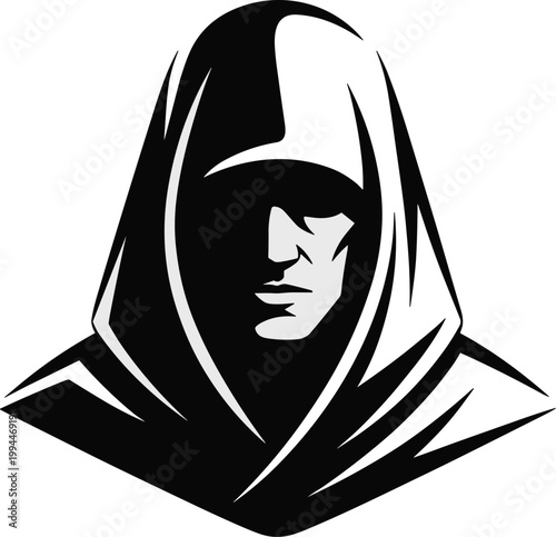 Mysterious Hooded Figure Emblematic Logo Emblem Silhouette, Mysterious Man in Dark Hood Persona Icon, Concept of Secrecy, Conspiracy, Shadowy Character, Dark Symbol for Gaming, Thriller, Identity, Vig