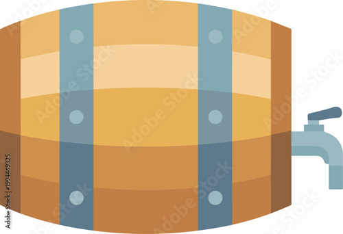 Golden Wooden Barrel with Tap, Classic Vintage Oak Cask for Beer, Wine, or Whiskey Storage and Dispensing, Rustic Brewery or Pub Element, Abstract Flat Illustration, Industrial Beverage Concept, Tradi