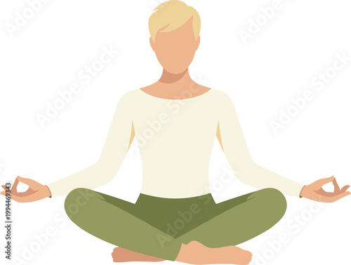 Serene blonde person meditating in lotus pose, promoting mindfulness and relaxation amidst calm, minimalist, and clean background for wellness, yoga, and mental health concepts. Ideal for health, self