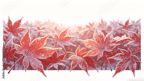 Frosted Red Maple Leaves Glowing in Warm Morning Sunlight, with Dewdrops on Icy Edges Capturing an Early Winter Autumn Transition