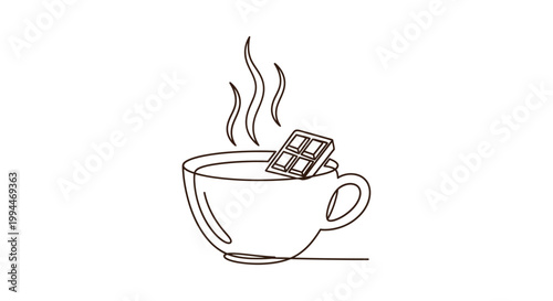 Minimalist Line Art: Hot Chocolate in Mug with Chocolate Square and Steam