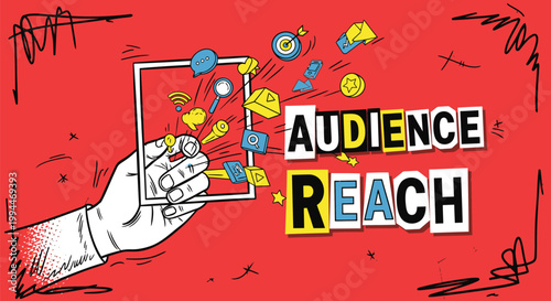 Marketing, advertising, social media concept, audience reach, hand holding frame with colorful icons