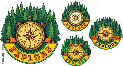 Vintage outdoor adventure badges with compass and pine forest, retro camping emblems with explore text, set of 4 vector wilderness stickers