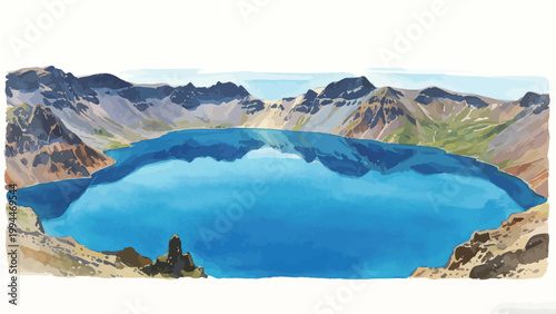Watercolor Painting of the Crescent-Shaped Volcanic Crater Lake, Azure Blue Alpine Lake Nestled Among Rugged Mountain Slopes, Natural Landscape Panorama