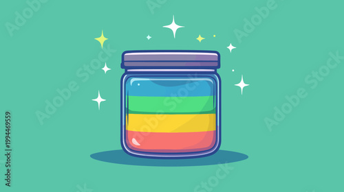 A cartoon jar filled with colorful layers, sparkling on a vibrant green background