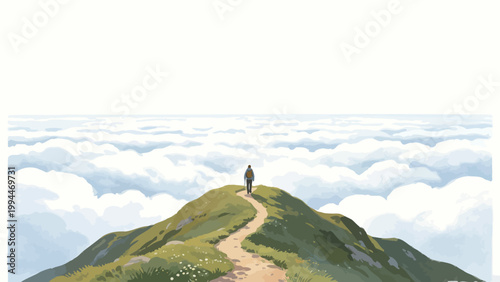 A Solo Hiker Reaches a Mountain Summit Above a Sea of Clouds, an Illustration of a Peaceful Hiking Journey to a High-Altitude Peak with Scenic Green Hills