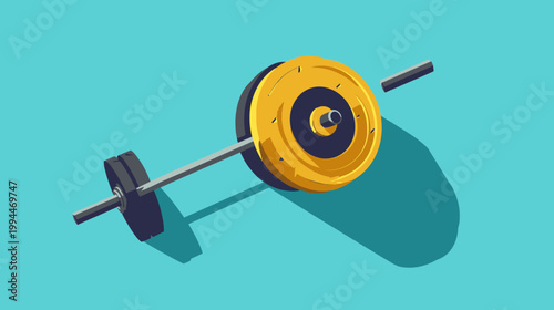 Isometric digital illustration of a barbell with weight plates, casting a shadow on a turquoise surface