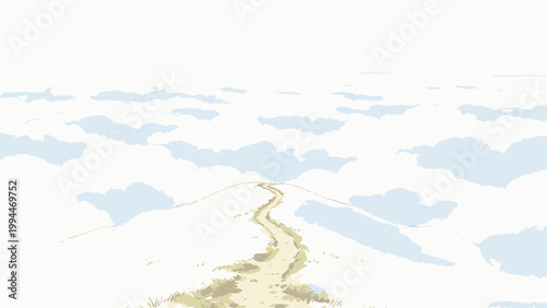 Watercolor Illustration of a Winding Mountain Trail Leading Over a Snow-Dusted Hilltop Above a Vast Sea of Clouds on a Clear Bright Day