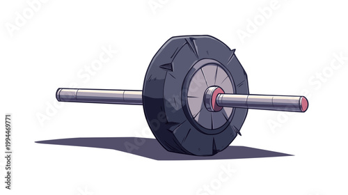 Digitally created illustration of a barbell with a weighted wheel, set against a white backdrop