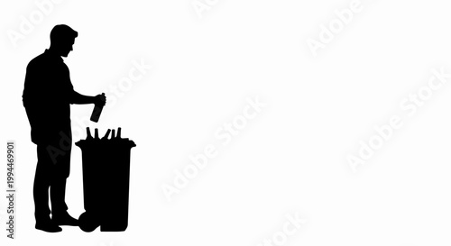 Person emptying trash into large outdoor garbage bin with recyclables. Waste management concept for urban cleaning services. Silhouette style for environmental awareness campaigns.