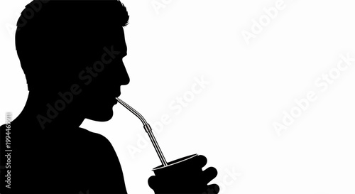 Silhouette person drinking from disposable coffee cup with straw. Minimalist silhouette design for branding or lifestyle concept. Coffee culture illustration for social media ads.