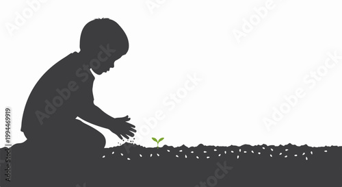 Child planting seedling vector illustration, nurturing growth concept, future development symbol, environmental care theme. for branding, packaging, banner, poster, website header,