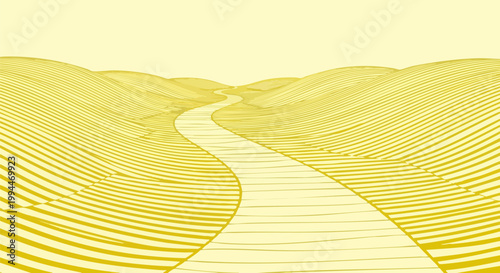 Minimalist yellow landscape vector, winding road through rolling hills, abstract topographic desert dunes background for web banners and posters