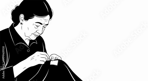 Elderly woman sewing vector illustration, focused on detail and traditional craft. Senior seamstress creating with needle and thread. Concept of crafted skill and heritage.