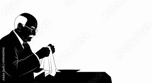 Elderly man in suit meticulously folding cloth, representing careful attention to detail and tradition. Senior gentlemans precise action conveys dedication and heritage.