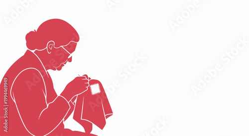 Elderly woman sewing with needle and thread, skilled hands crafting fabric, traditional handicraft hobby, concept of patience and dedication. digital illustration