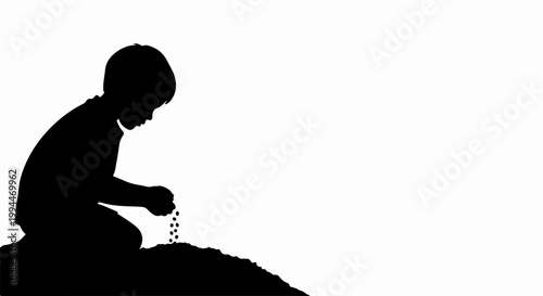 Silhouette child playing with small stones, vector illustration. Childhood innocence and discovery, quiet contemplation, simple outdoor activity. Concept for childrens books and educational materials.