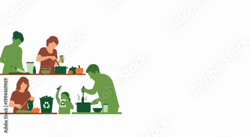 Family cooking together with recycling bins for sustainable living. Healthy meal preparation with fresh ingredients and eco friendly habits. Concept family cooking for environmental awareness.
