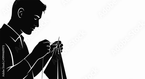 Man sewing vector illustration, focused on craft and detail, representing tailoring and crafted skills. Vector art for fashion design projects.