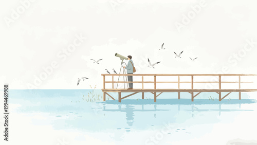 A Birdwatcher Standing on a Wooden Waterside Observation Pier Using a Telescope to Observe Wildlife, With Seabirds Around Calm Water, Soft Minimalist Illustration