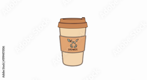 Reusable coffee cup with zero waste symbol for eco friendly lifestyle. Zero waste concept for sustainable living and reducing plastic pollution. Zero waste reusable cup for daily commute.
