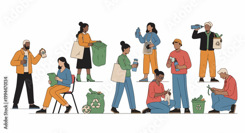 Diverse people recycling and sorting waste, vector illustration. Environmental awareness concept for sustainability and eco friendly lifestyle. Community action for planet protection.