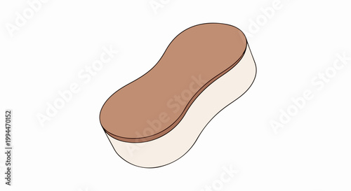 Brown and white peanut shaped sponge for cleaning surfaces in kitchen or bathroom. Cleaning tool for household chores and hygiene. Essential item for home maintenance and tidiness.