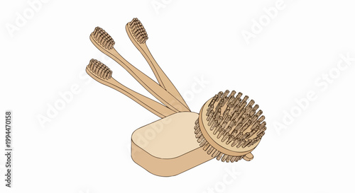 Bamboo toothbrushes and natural soap bar with wooden scrub brush for sustainable hygiene routine. Eco friendly bathroom essentials for personal care. Zero waste concept for healthy lifestyle.