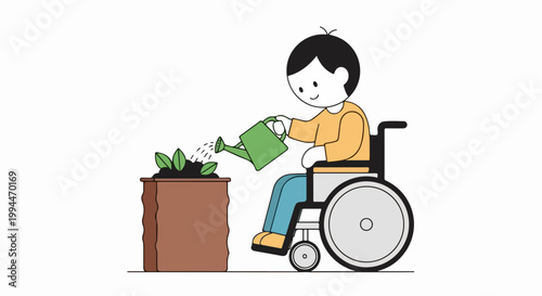 Child in wheelchair watering plants vector illustration. Inclusive gardening concept for accessibility and growth. Symbol of adaptation and care for diverse communities.