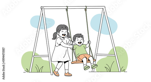 Children having fun swinging outdoors on a sunny day in minimalist illustration