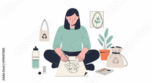 Vector illustration of person drawing nature, surrounded by eco friendly items, creative hobby concept. for branding, packaging, banner, poster, website header, and social media design use