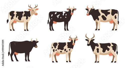 Cartoon cows diverse representations of dairy animals in vector illustration