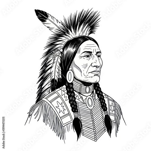 Native American Chief Portrait Illustration, Traditional Headdress and Attire