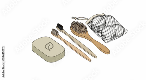 Eco friendly personal care set vector illustration with bamboo toothbrushes, natural soap bar, and reusable cotton pads in mesh bag. Sustainable hygiene concept for travel and daily routine.