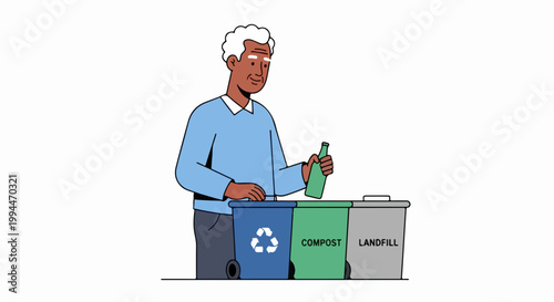 Man recycling glass bottle into compost bin, vector illustration of waste sorting for sustainability and environmental awareness. Man sorting waste for recycling, compost, and landfill,