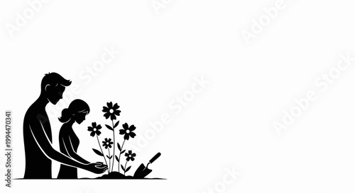 Couple planting flowers together, nurturing growth and partnership. Couple gardening, cultivating new life and shared dreams. Concept couple planting for future success. digital illustration