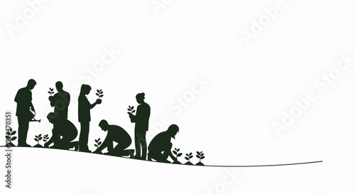 People planting trees in silhouette, symbolizing growth and environmental care. Community gardening for a greener future, promoting sustainability and teamwork.