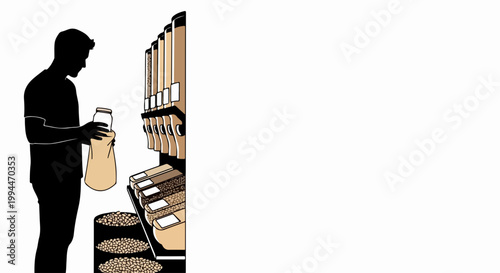Man silhouette shopping for bulk food items in zero waste store, vector illustration. Sustainable shopping concept for eco friendly lifestyle and conscious consumerism.